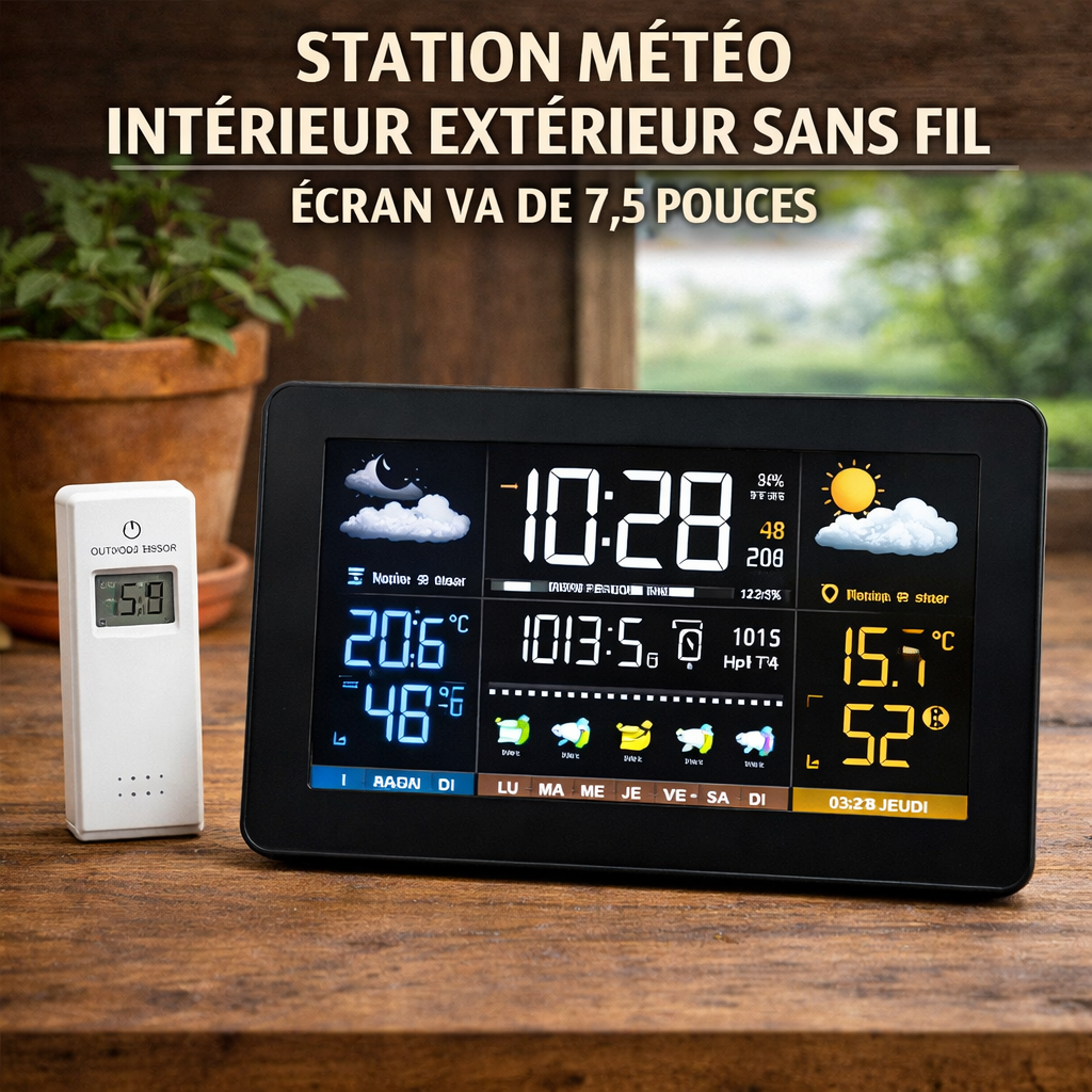 Station Météo Interieur Exterieur Sans Fil, Écran VA de 7,5 pouces