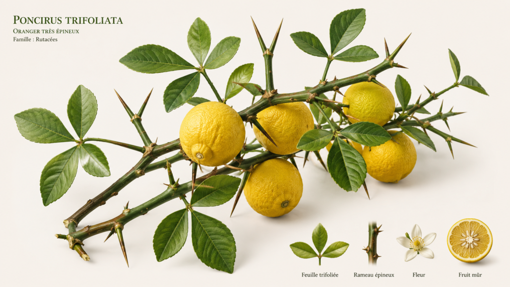 Poncirus trifoliata feuilles trifoliées rameaux épineux fruit jaune