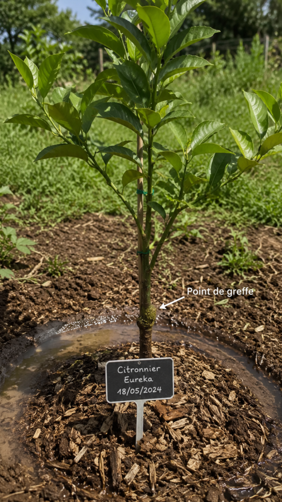 Plantation d’un agrume greffé avec point de greffe visible