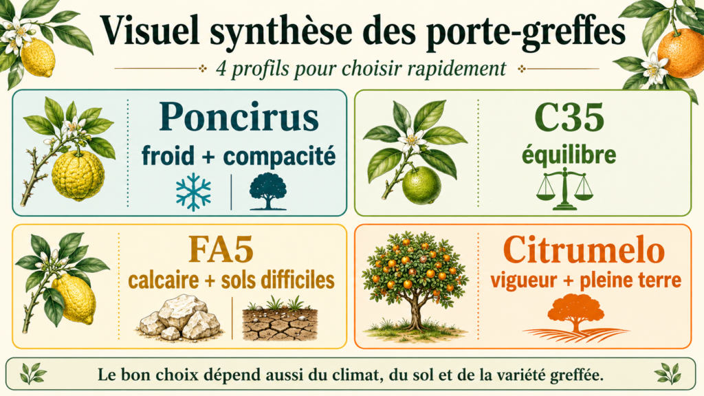 Résumé choix porte-greffe agrume Poncirus C35 FA5 Citrumelo