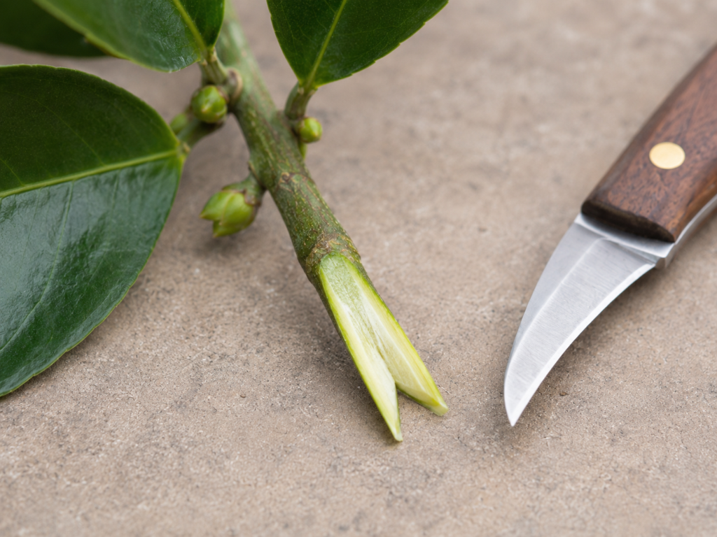 Greffon de satsuma taillé en double biseau pour greffe en fente