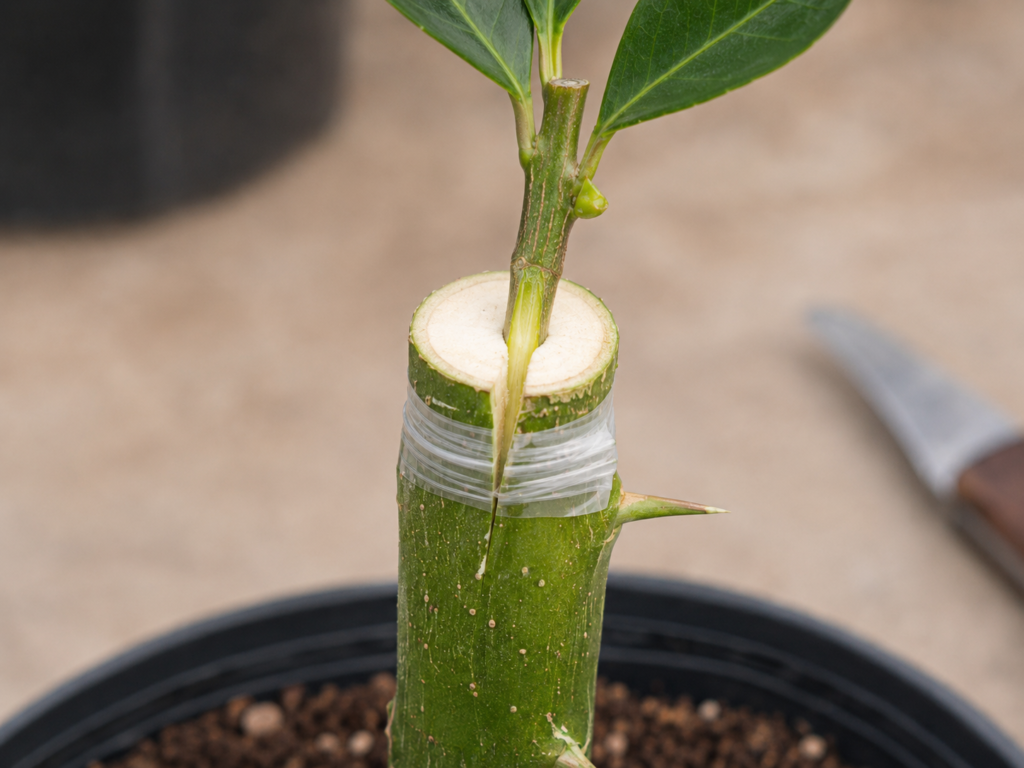 Insertion du greffon de satsuma dans le Poncirus trifoliata