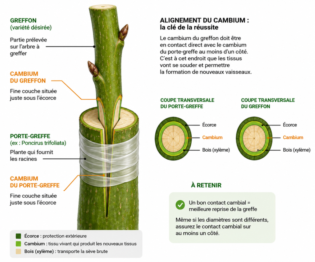 Schéma de l’alignement du cambium pour réussir une greffe d’agrume