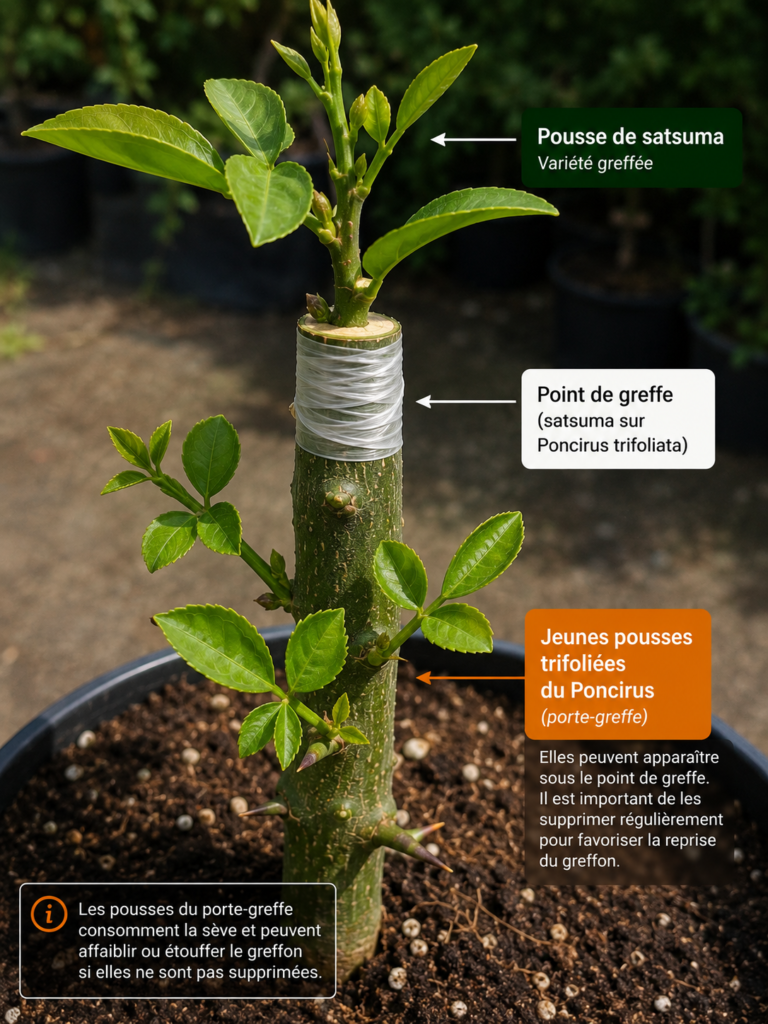 Rejets de Poncirus trifoliata à supprimer sous le point de greffe
