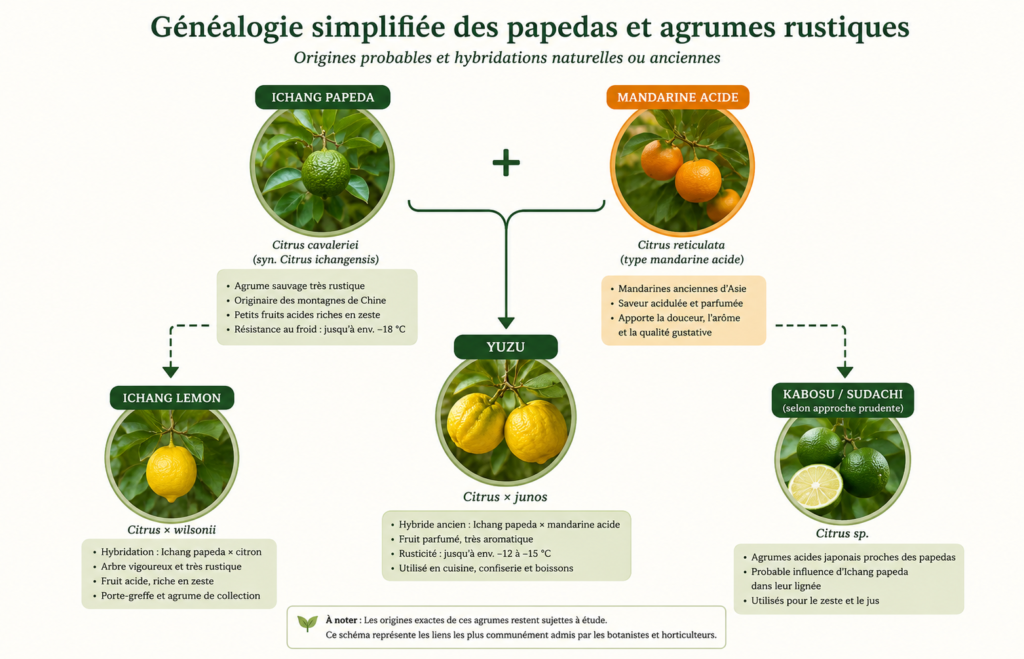 Schéma origine du yuzu avec Ichang papeda et mandarine acide