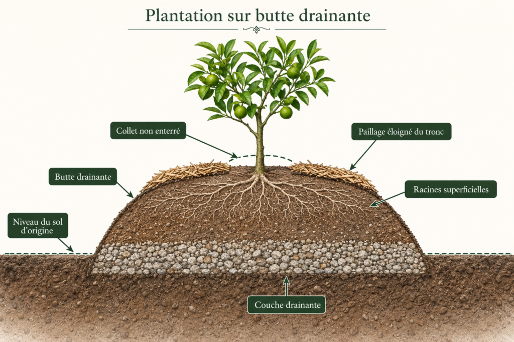 Schema plantation sur butte Ichang papeda sol drainant