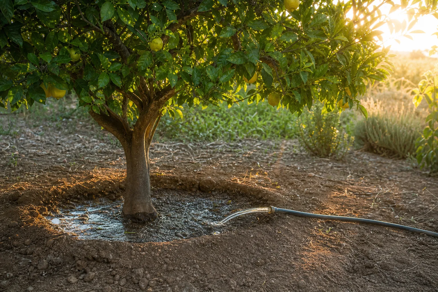 Arrosage lent et profond d’un agrume en pleine terre tôt le matin pendant une canicule