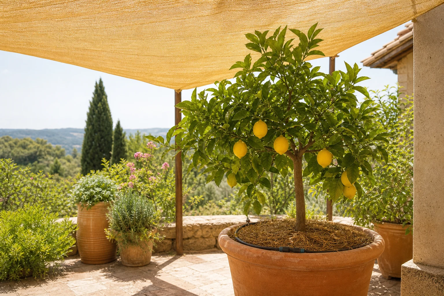 Agrume en pot protégé du soleil par une toile d’ombrage pendant une canicule
