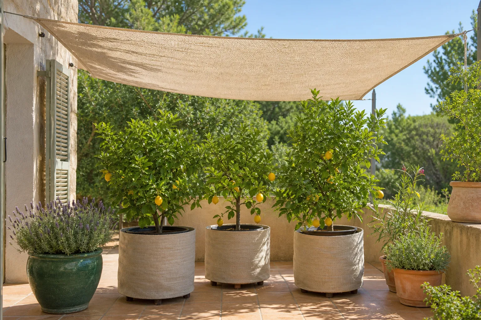 Agrumes en pot regroupés sous une toile d’ombrage sur une terrasse pendant une canicule