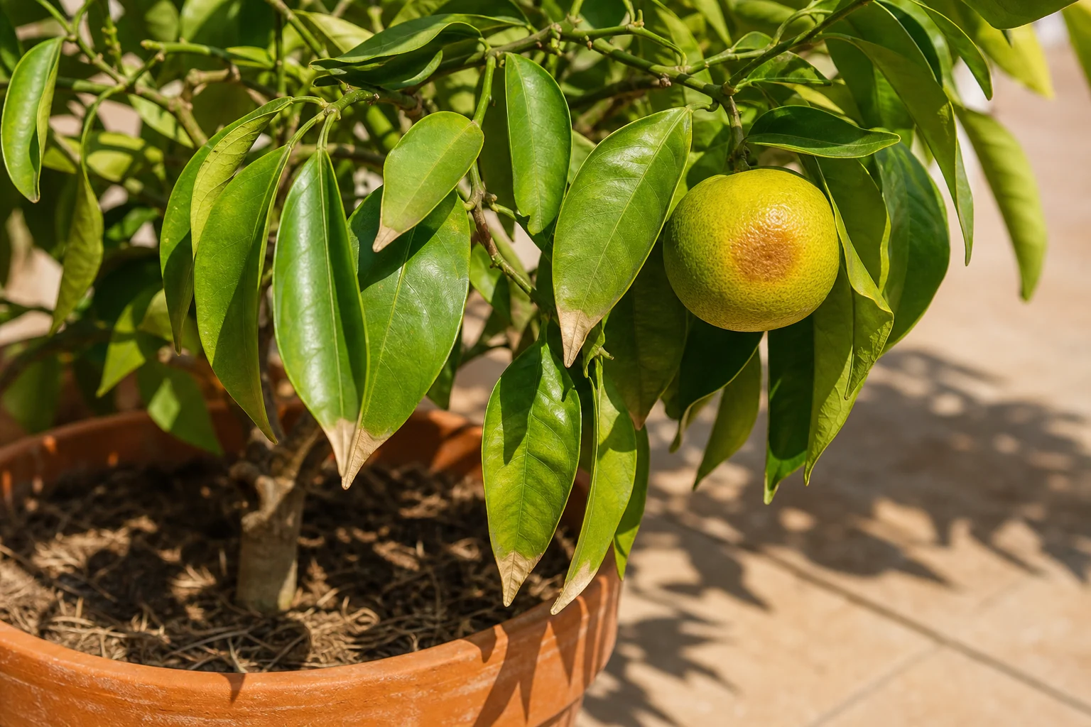 Feuilles d’agrume légèrement flétries et fruit marqué par un coup de soleil