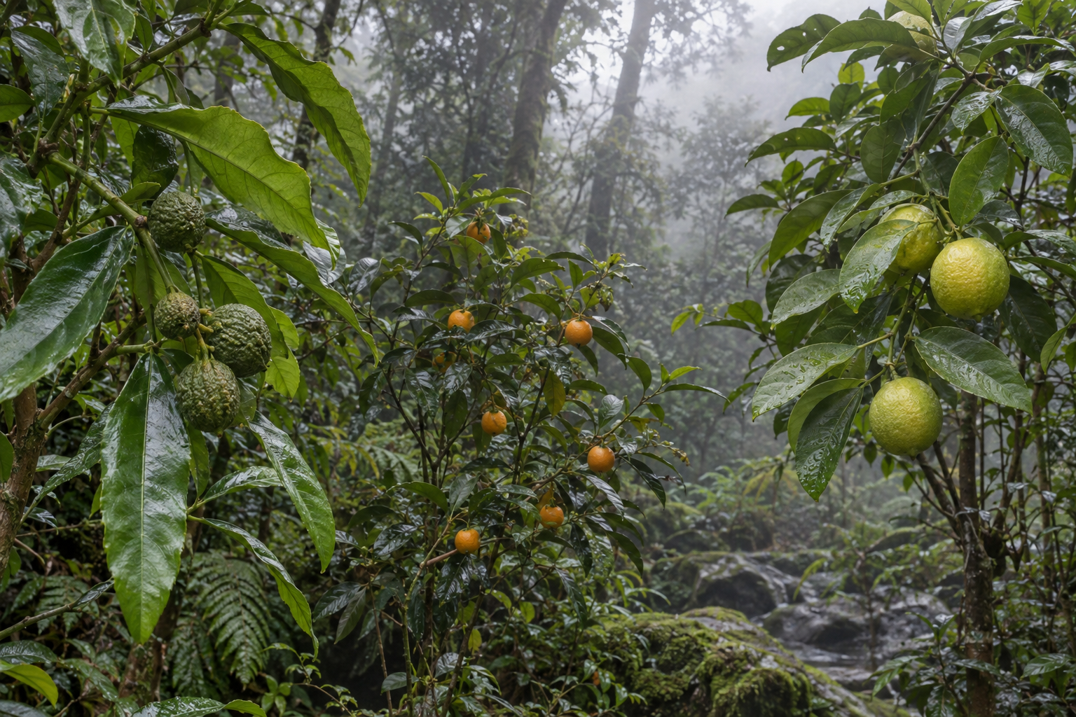 Évocation d’agrumes sauvages rares dans une forêt humide d’Asie
