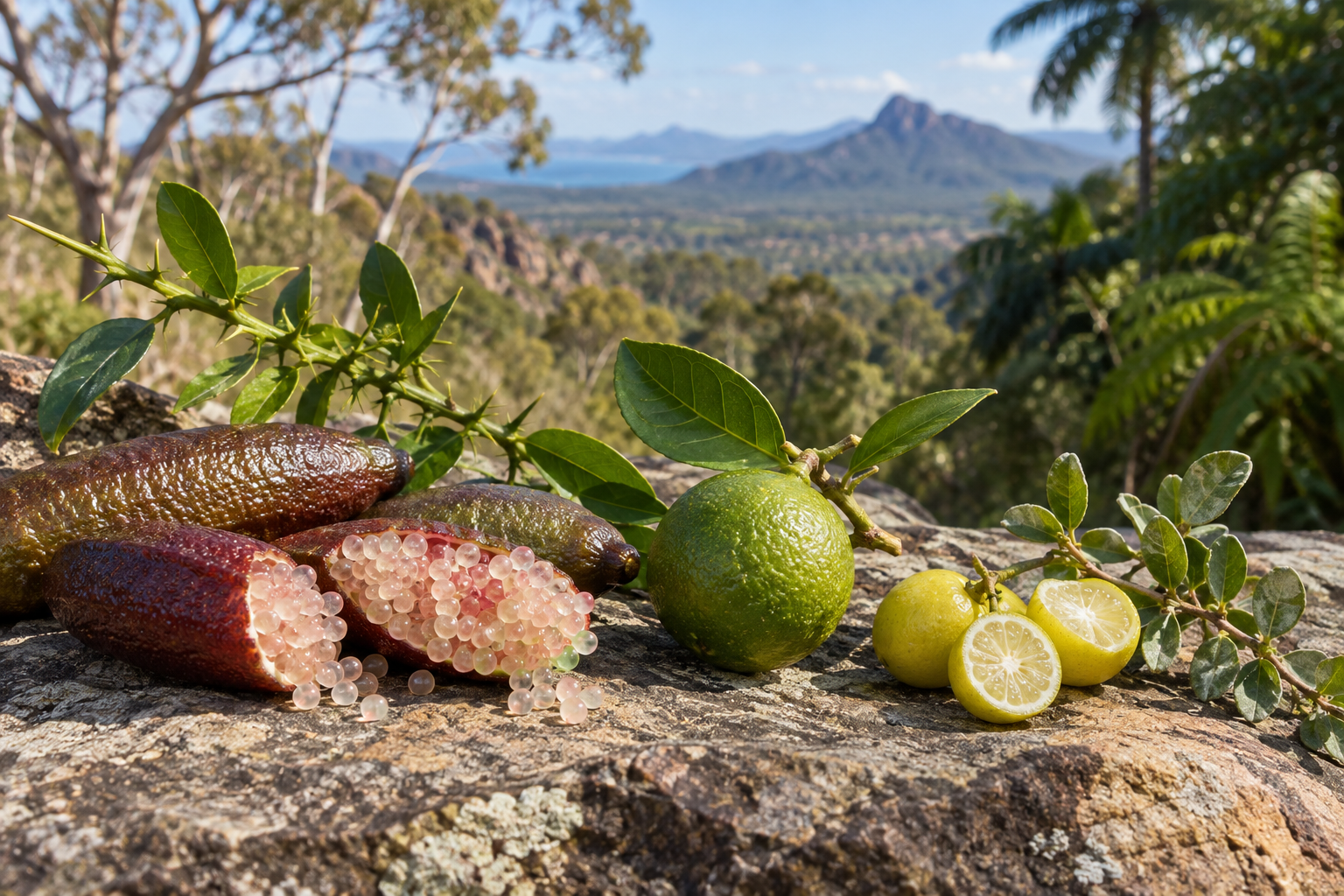 Citron caviar, lime rond et lime du désert évoquant les agrumes sauvages australiens