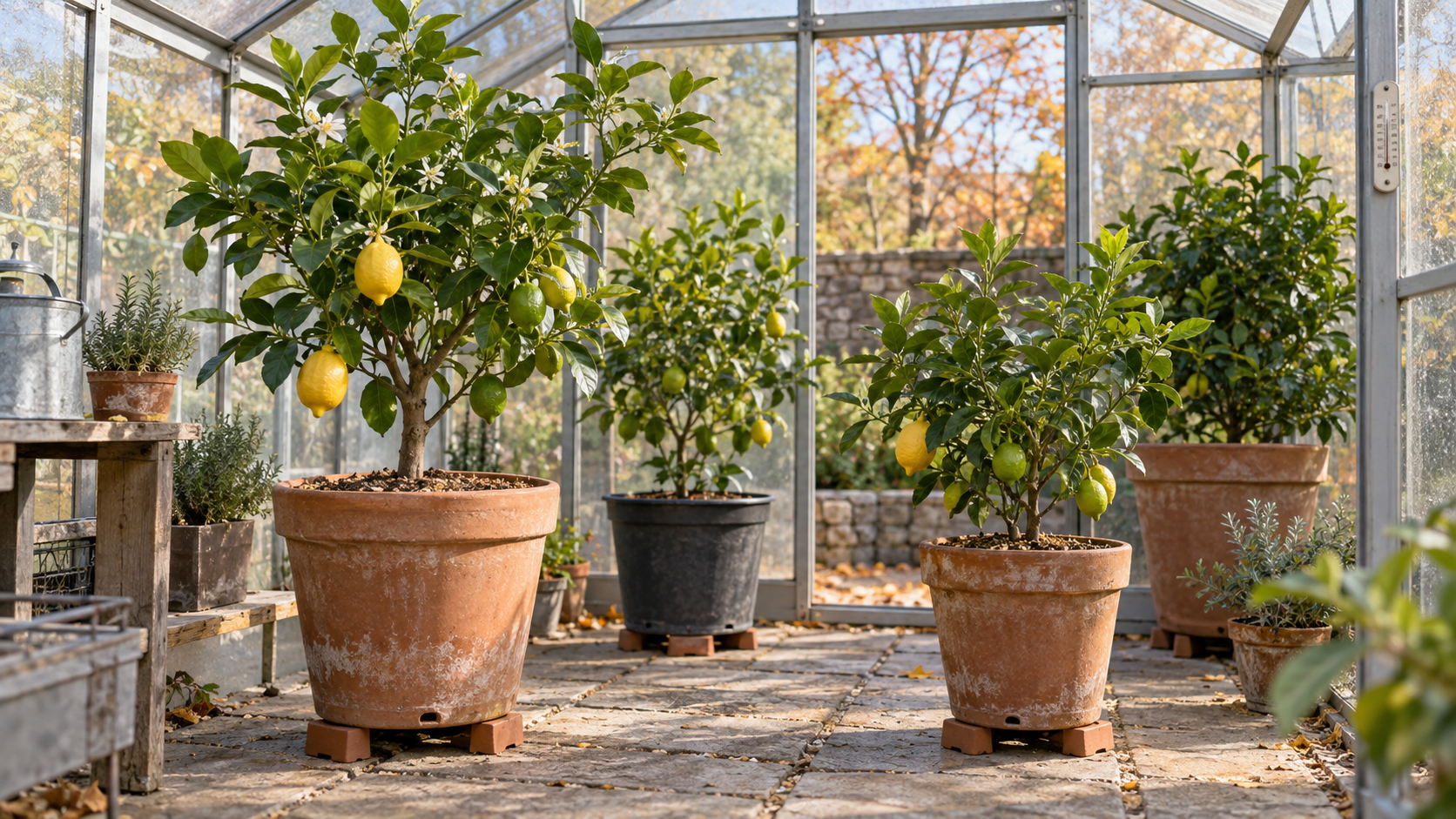 Agrumes en pots surélevés dans une serre lumineuse à l’automne