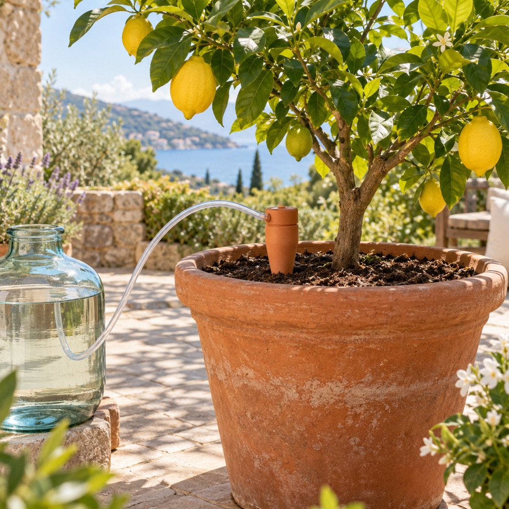 Système d’arrosage autonome Blumat pour citronnier en pot pendant la canicule