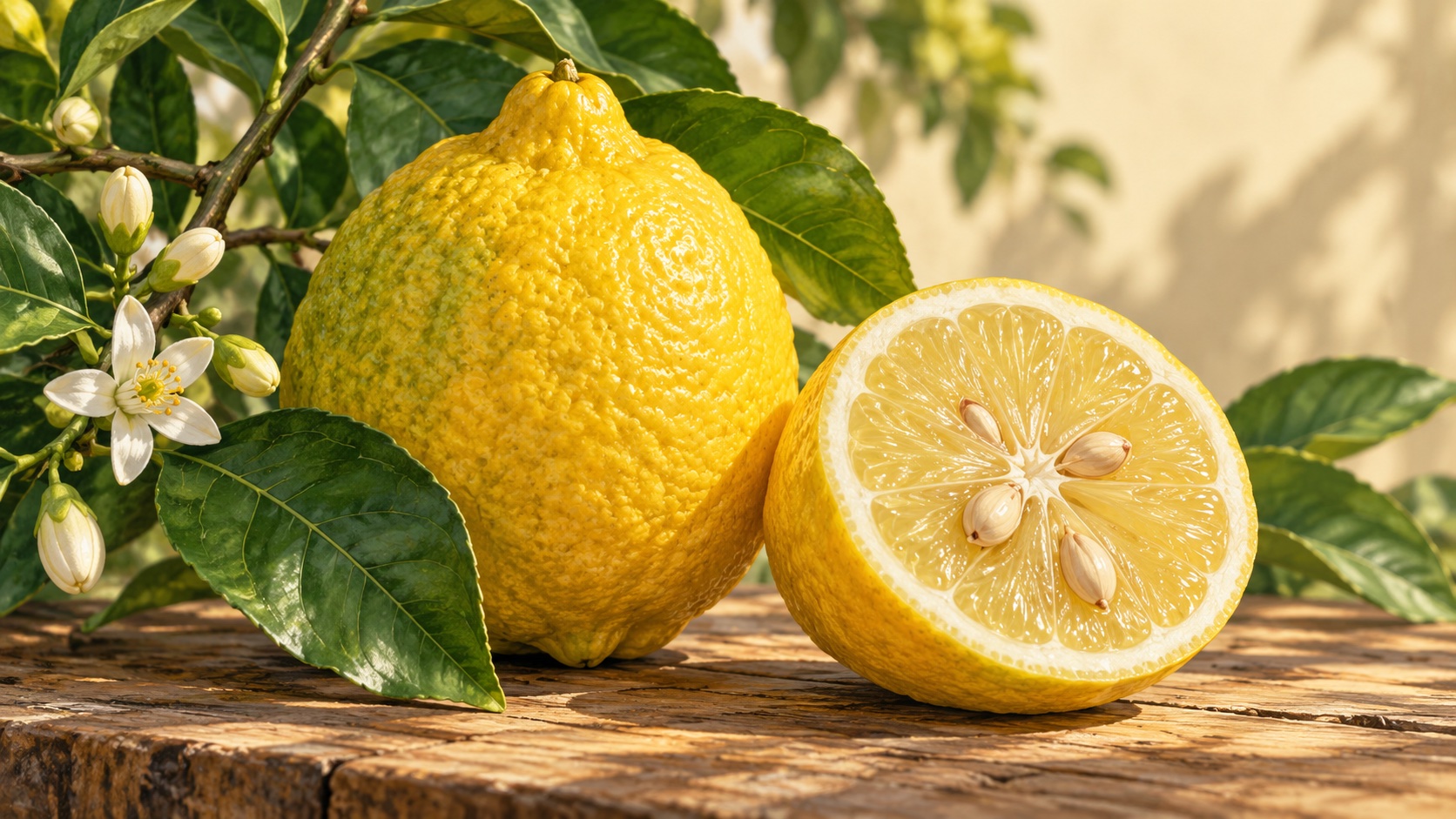 Illustration d’un Ichang lemon entier et coupé, avec pulpe et pépins