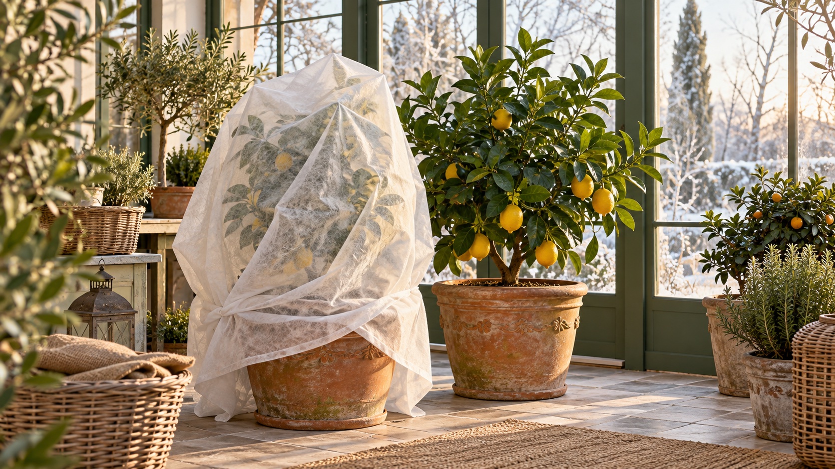 Illustration IA générale de pots d’agrumes dans un abri hivernal lumineux
