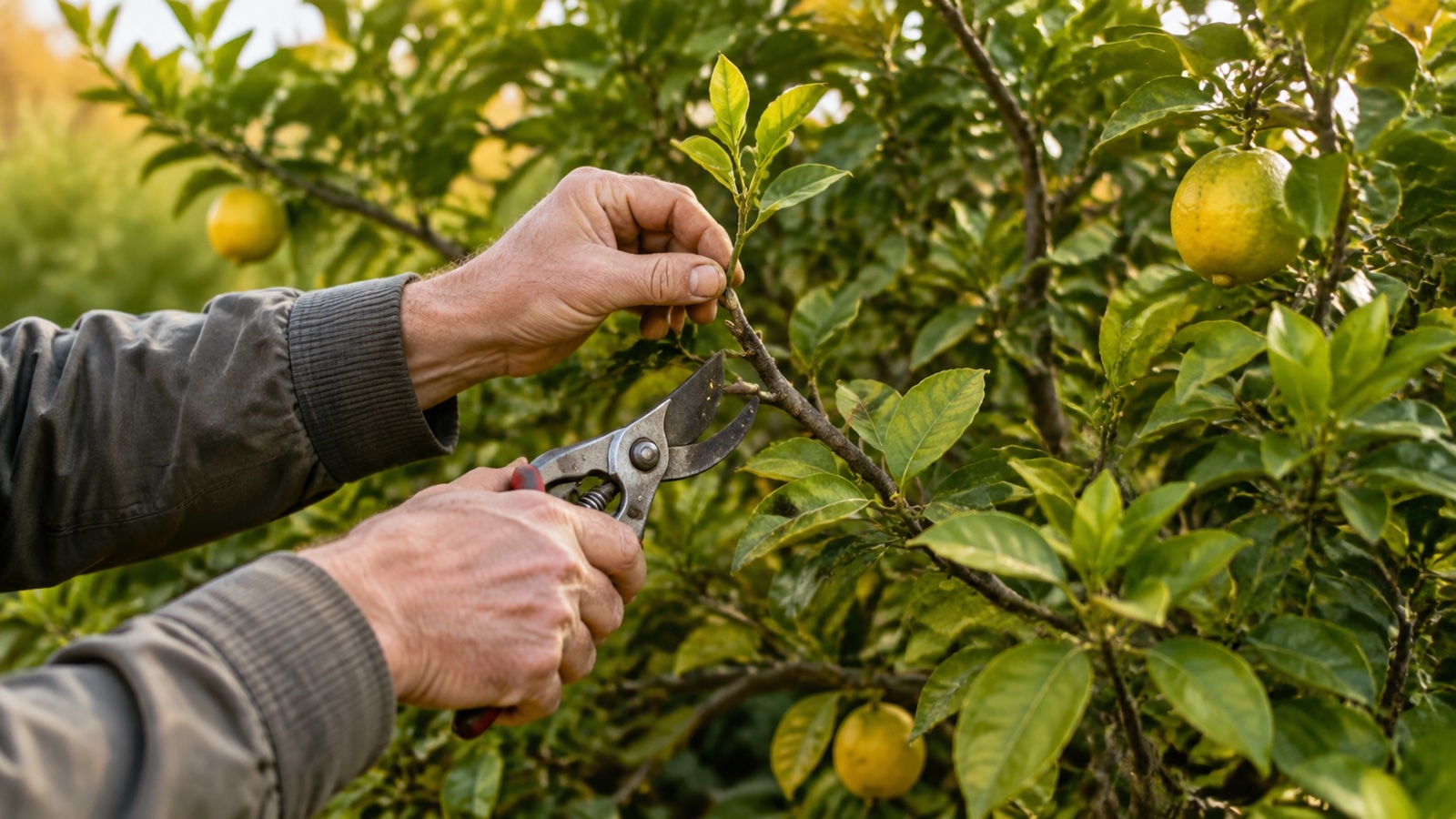 Taille légère d’un agrume au sécateur en septembre et octobre