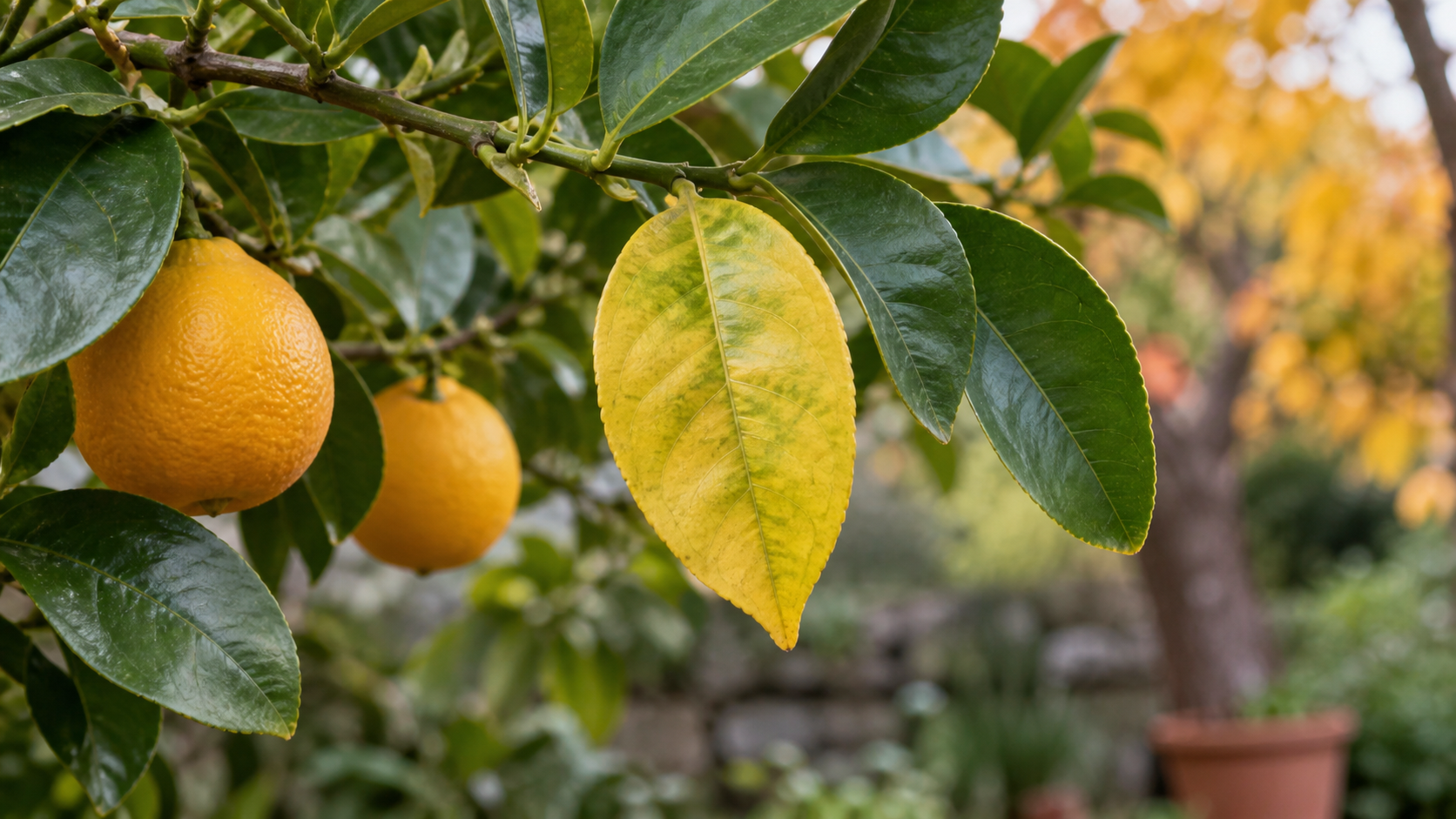 Observation d’une feuille jaune parmi le feuillage vert d’un agrume