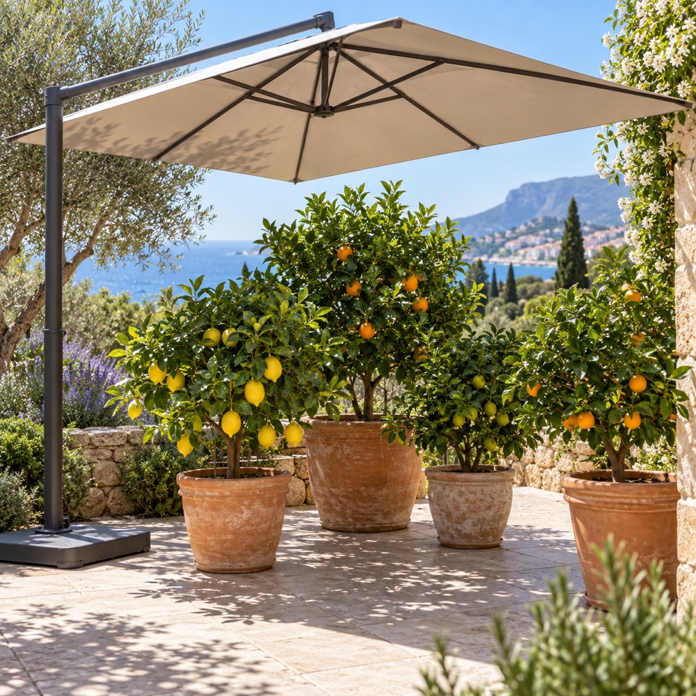 Grand parasol déporté créant une zone d’ombre au-dessus d’agrumes en pot