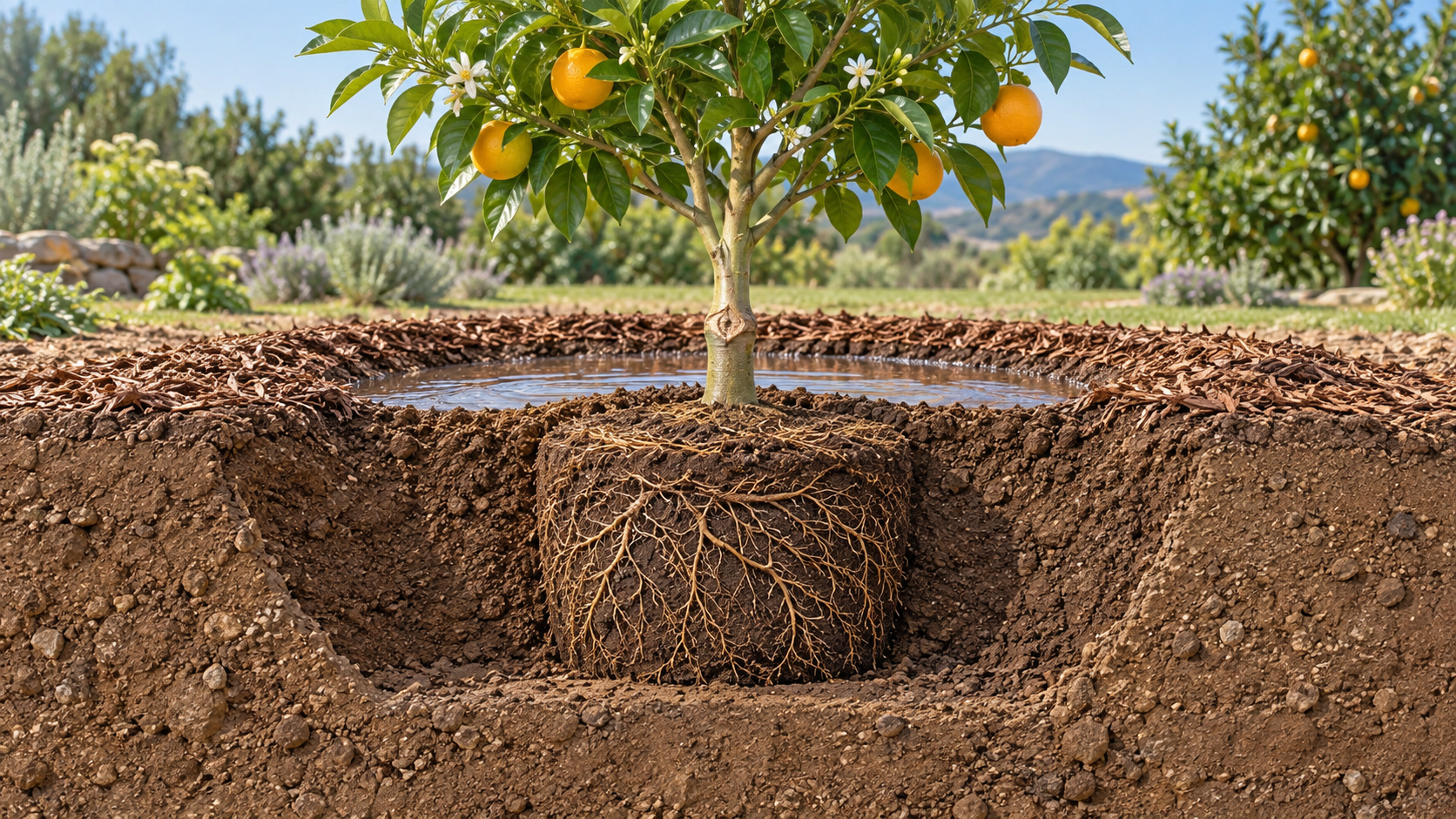 Coupe pédagogique d’un agrume planté avec la motte légèrement au-dessus du sol