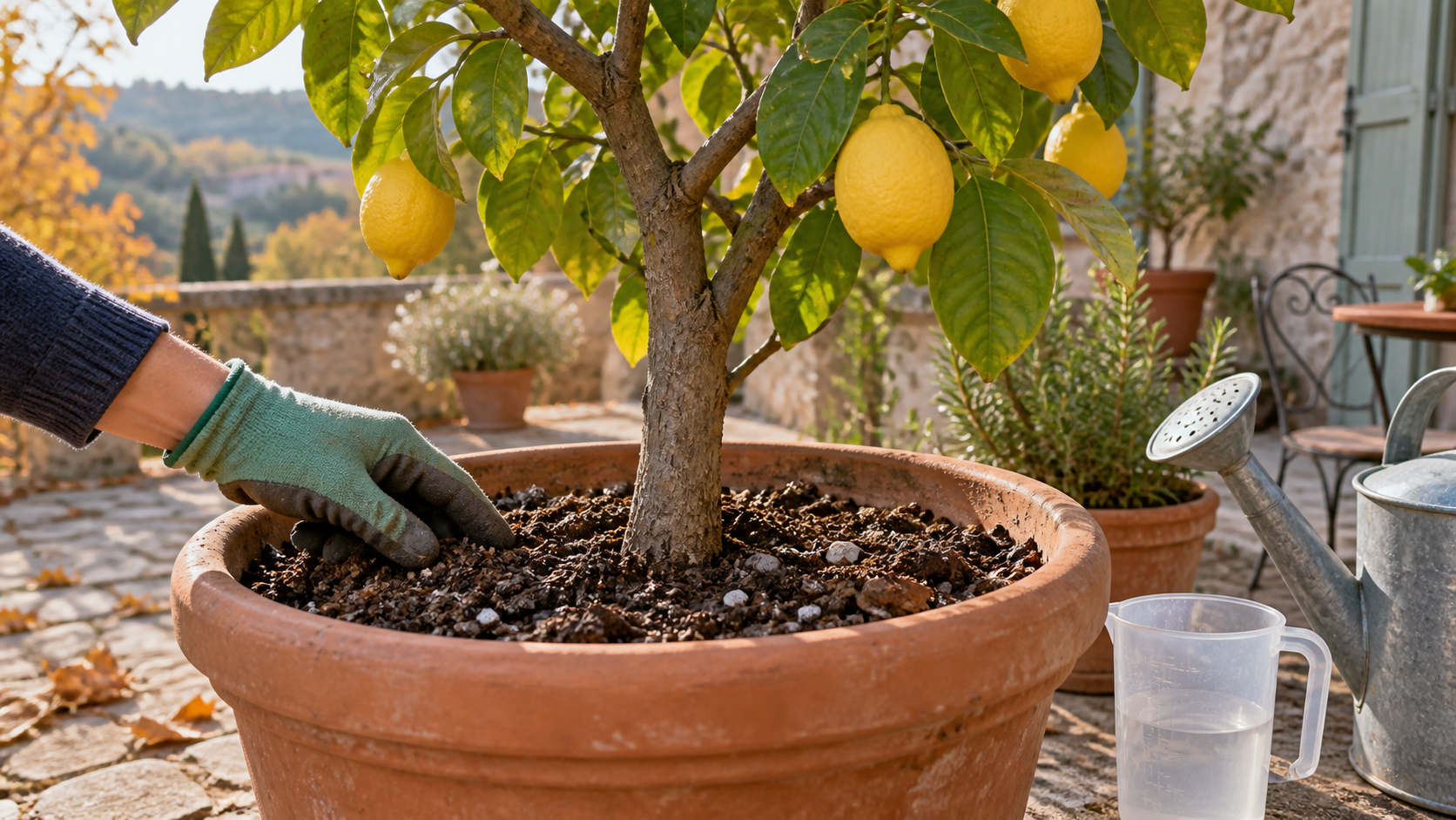 Observation du substrat d’un citronnier en pot avant de décider d’un apport d’engrais