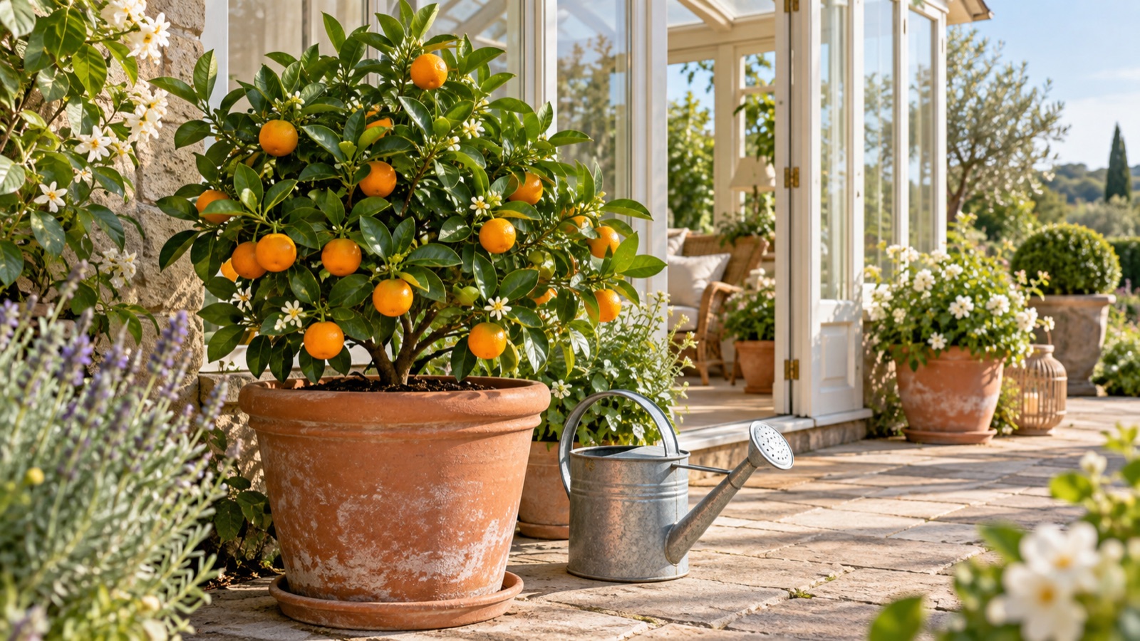 Illustration IA : calamondin compact dans un pot en terre cuite sur une terrasse abritée.