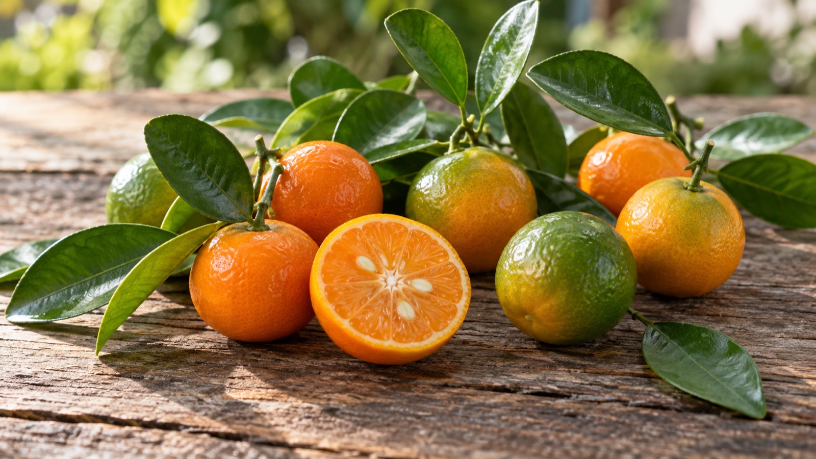 Illustration IA : petits calamondins orange, fruits entiers et coupe montrant la pulpe.