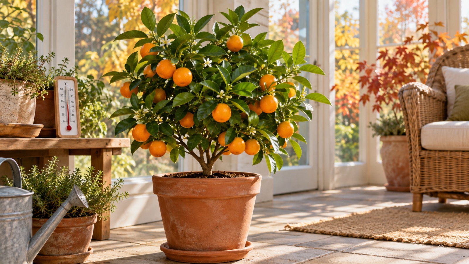 Illustration IA : calamondin en pot dans une véranda lumineuse pour l’hivernage.