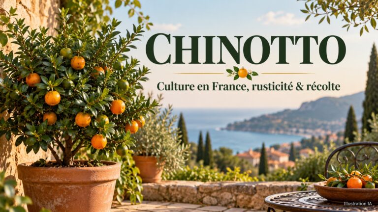 Chinotto en pot sur une terrasse, couverture avec le titre du guide — illustration IA.