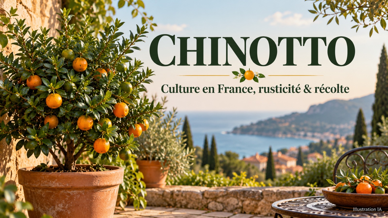 Chinotto en pot, couverture Culture en France, rusticité et récolte — illustration IA