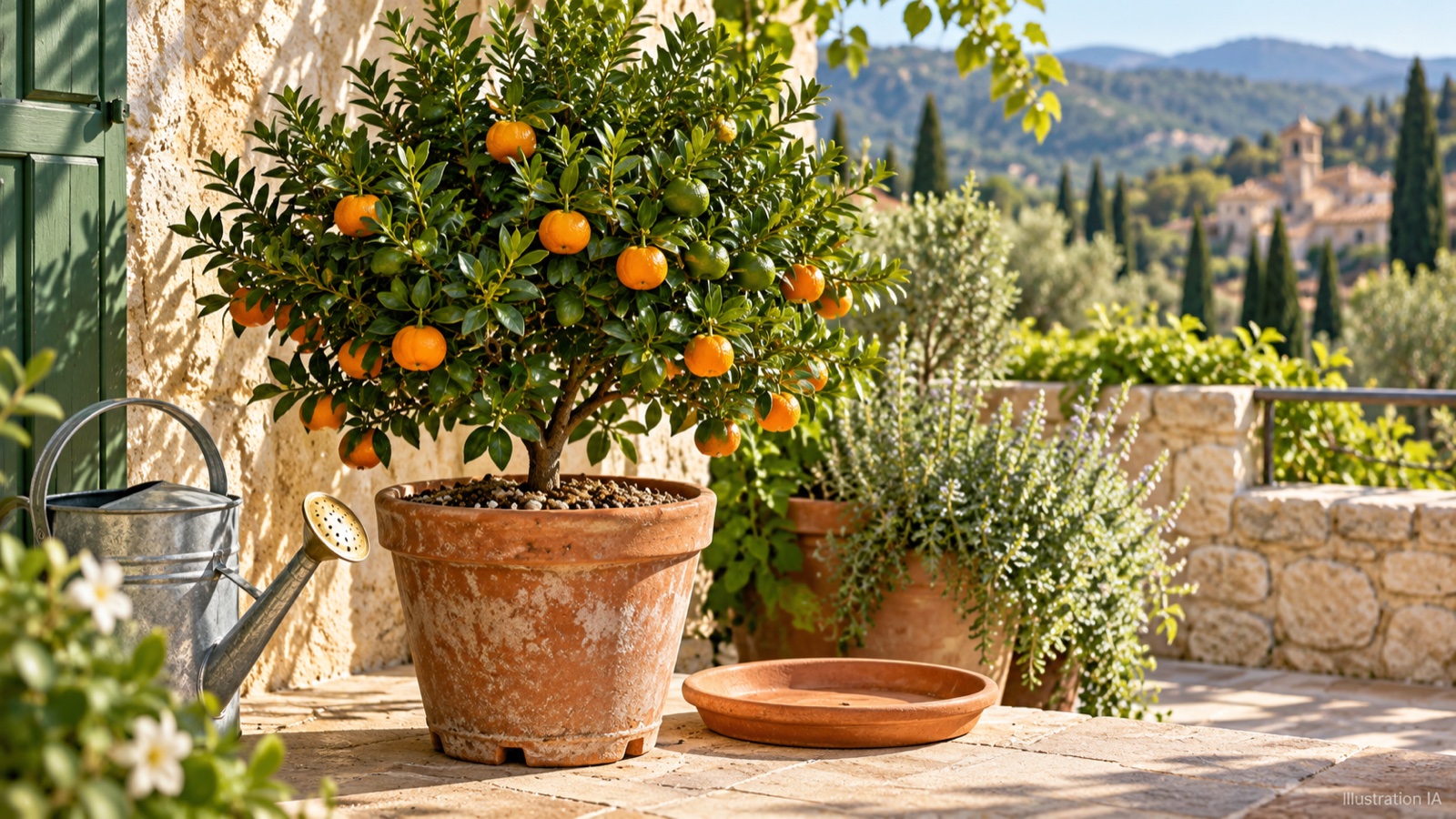 Agrume compact en pot sur une terrasse abritée — illustration IA