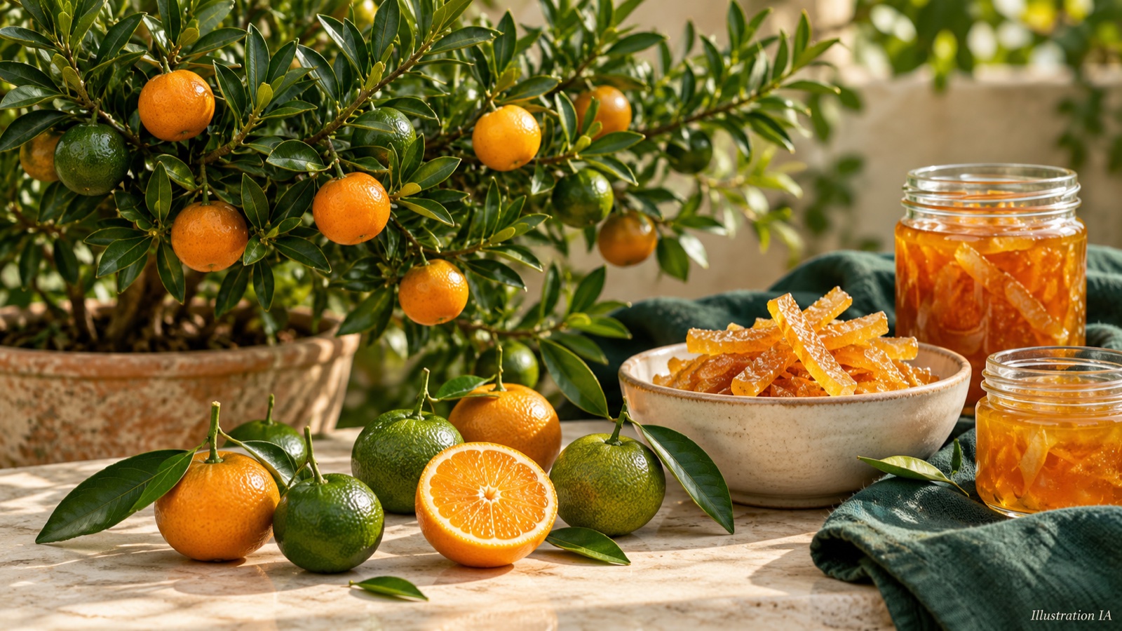 Petits agrumes et fruits confits sur une table — illustration IA