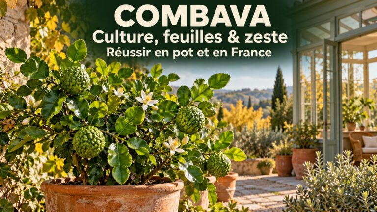 Illustration IA : Combava, culture, feuilles et zeste en France.
