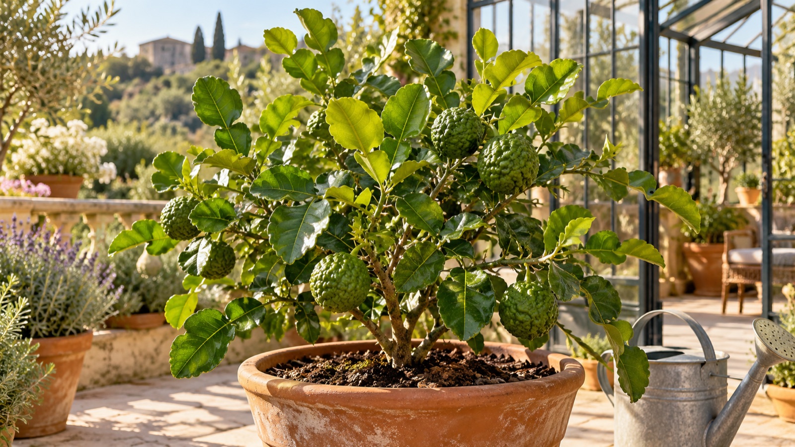 Illustration IA : combava compact en pot sur une terrasse abritée près d’une serre.