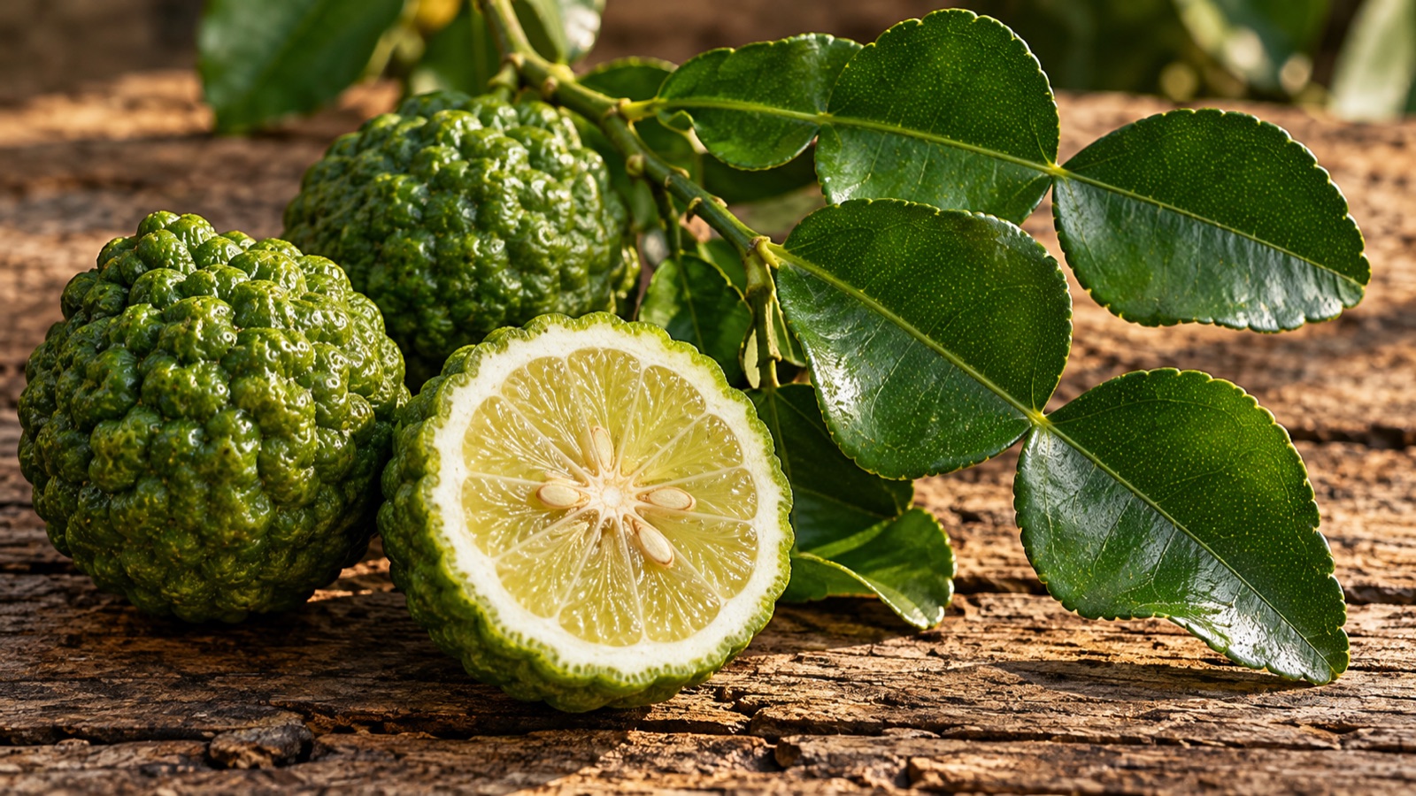 Illustration IA : fruits bosselés du combava, coupe du fruit et feuilles au pétiole largement ailé.