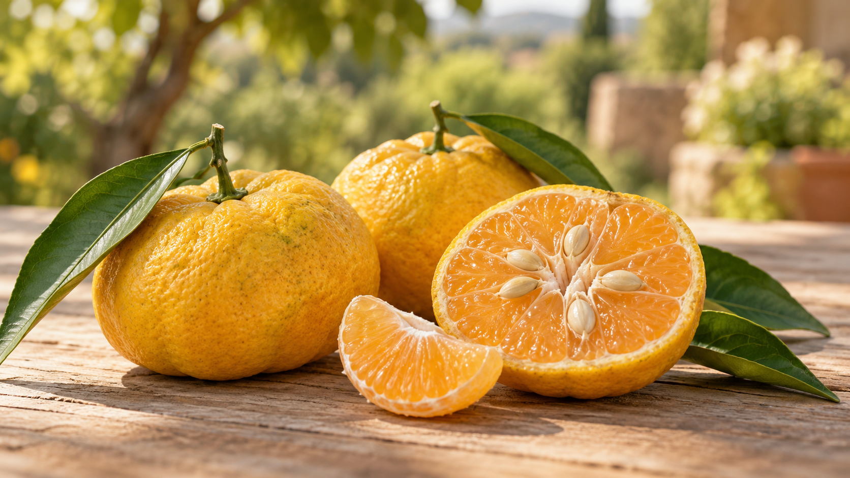 Illustration IA de mandarines Keraji entières et coupées, avec pulpe segmentée et graines