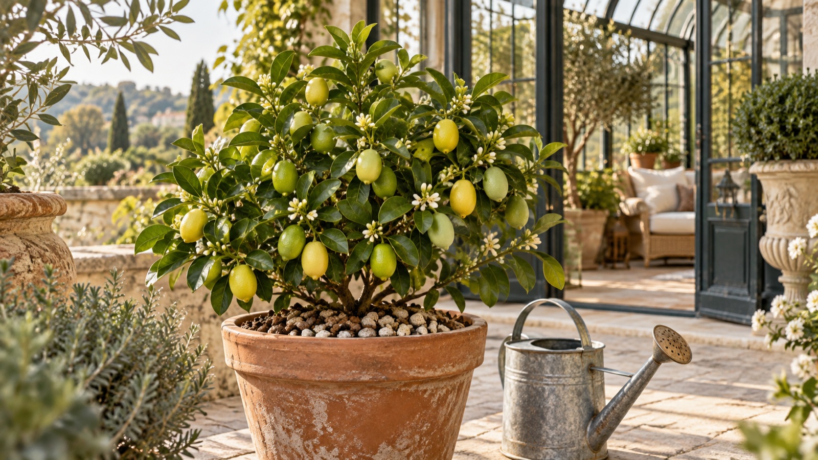 Illustration IA : petit limequat dans un pot en terre cuite sur une terrasse lumineuse et abritée.