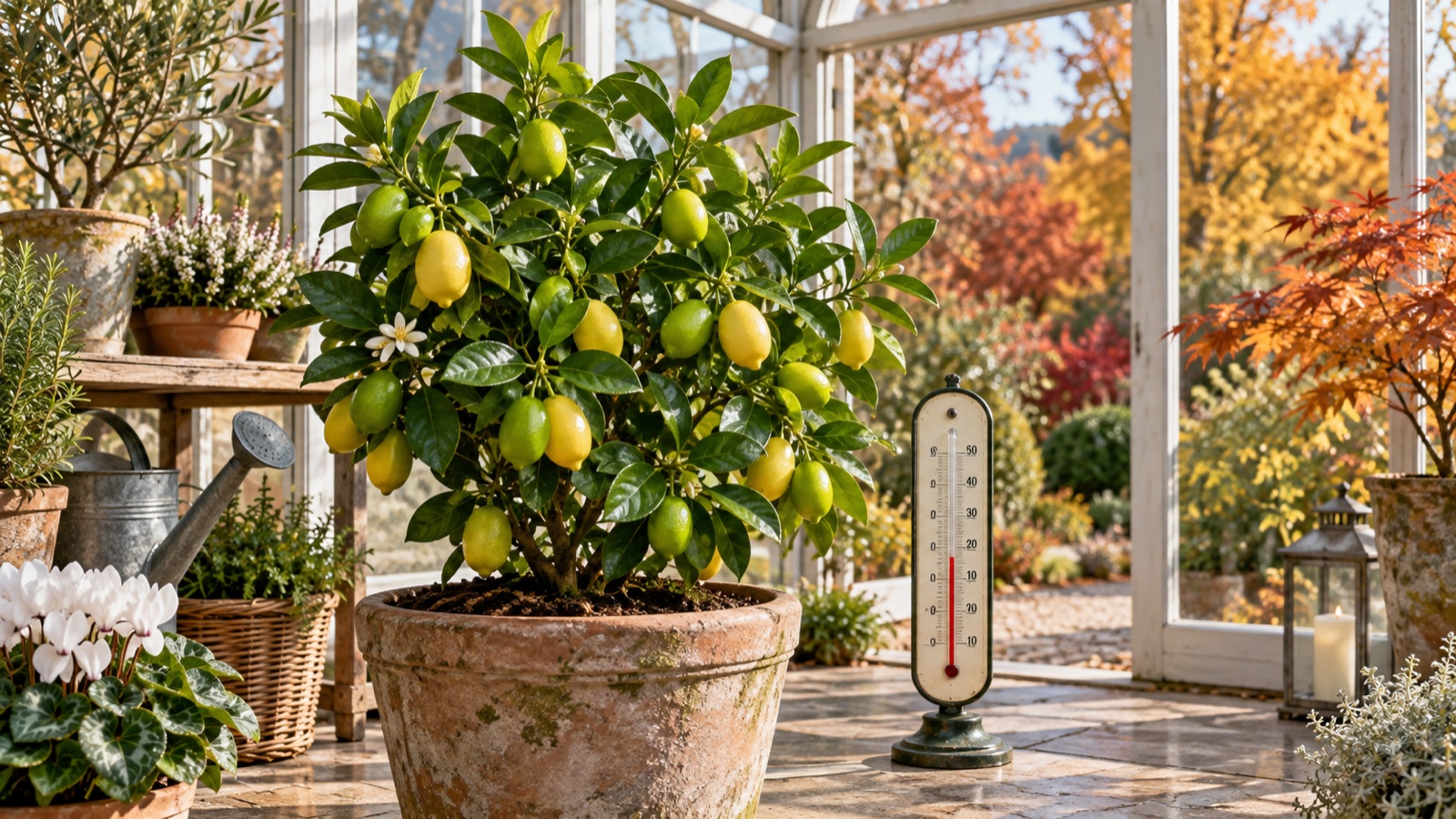Illustration IA : limequat en pot dans un abri hivernal lumineux, près d’un thermomètre.