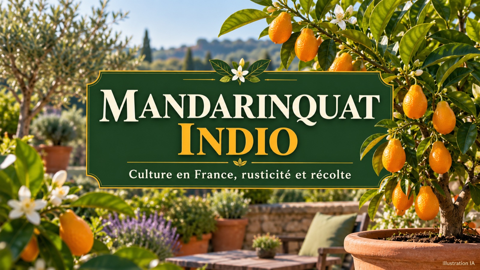 Mandarinquat Indio, couverture avec titre centré — illustration IA.