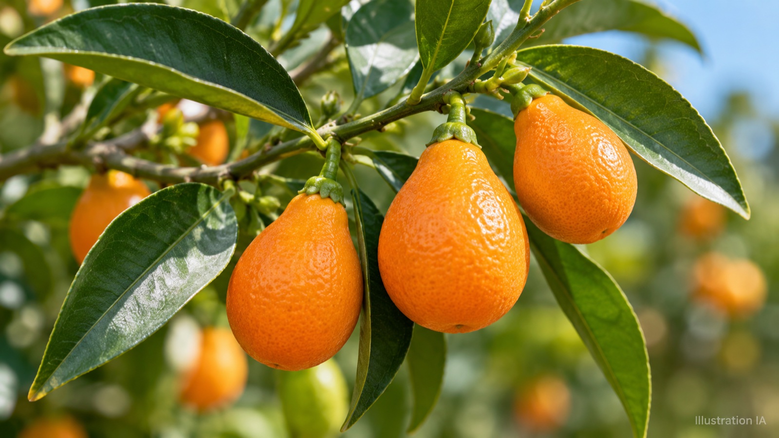 Mandarinquat Indio : feuillage et fruits piriformes illustratifs — illustration IA