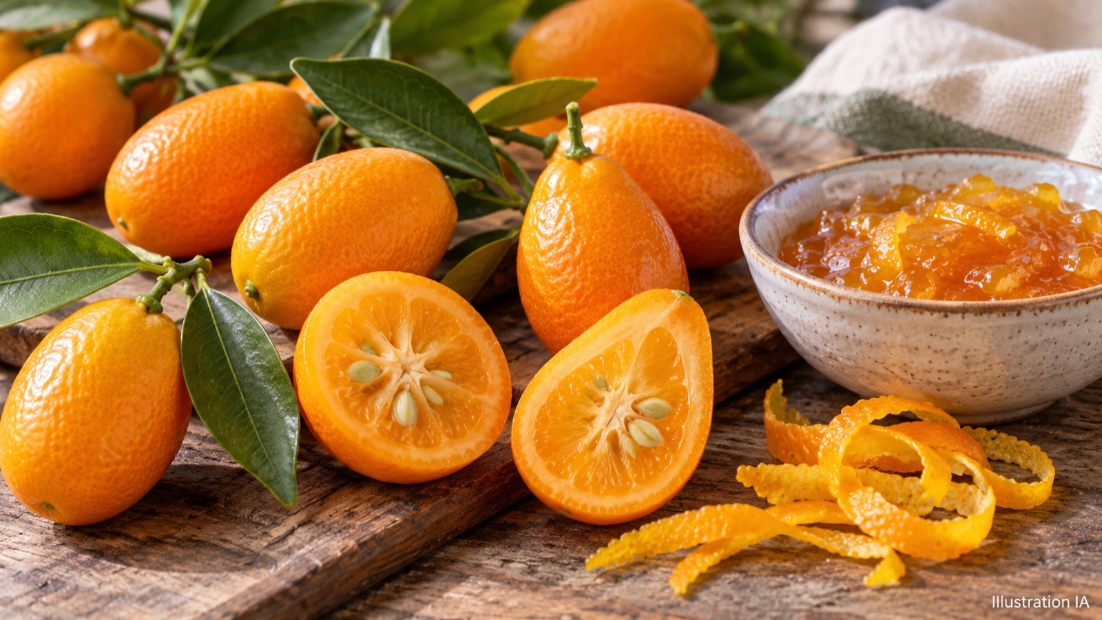 Mandarinquat Indio : fruits coupés et évocation culinaire — illustration IA