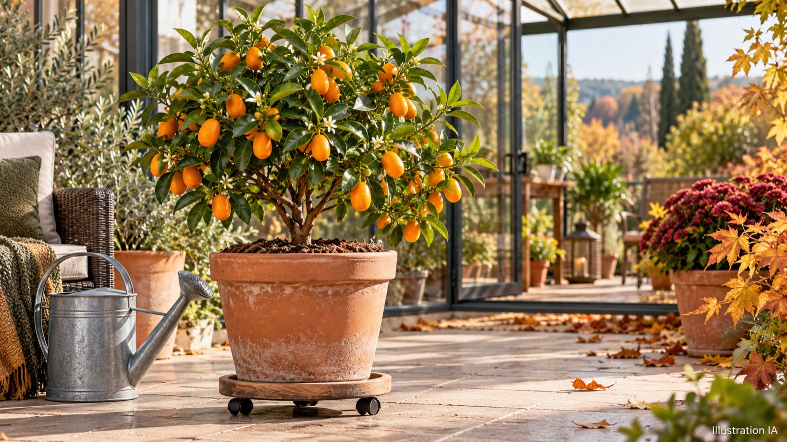 Orangequat Nippon en contenant sur une terrasse — illustration IA