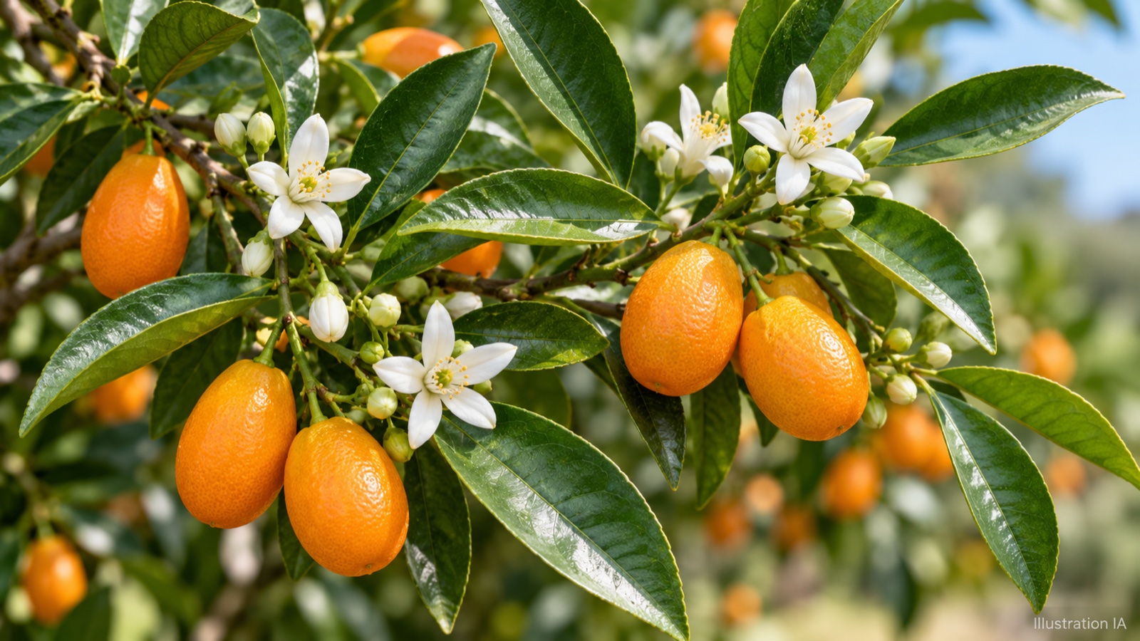 Rameaux feuillés et petits fruits ovales de l’Orangequat Nippon — illustration IA