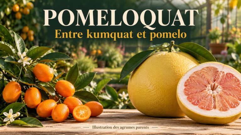 Kumquats et gros pummelo illustrant les familles parentales du pomeloquat — illustration générée par IA