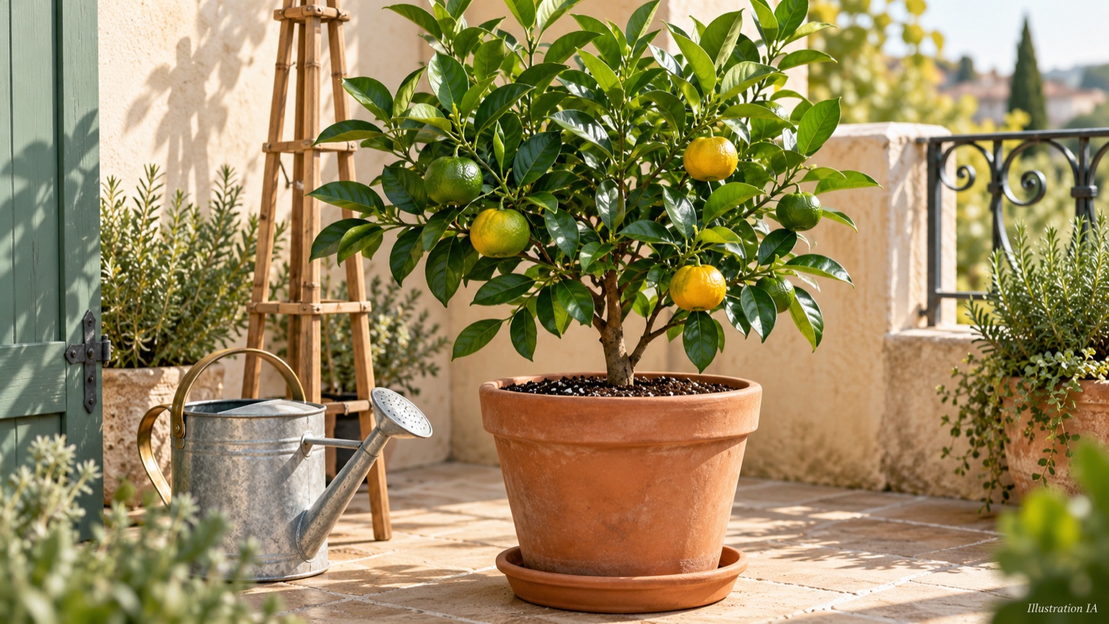 Agrume en pot sur une terrasse abritée — illustration IA