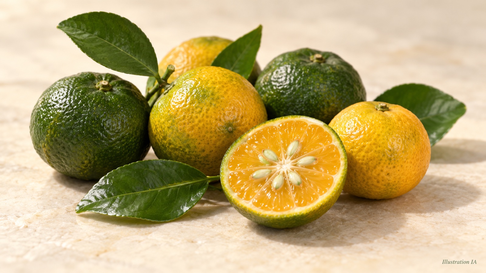 Petits agrumes verts et jaunes, un fruit coupé — illustration IA